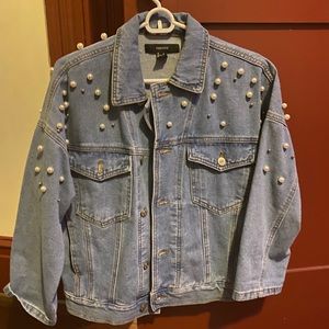 oversized denim jacket with pearls